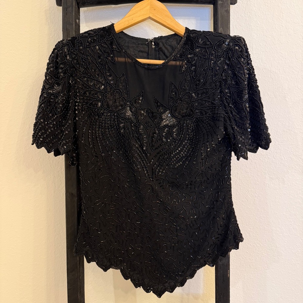 Vintage Black Beaded Sequined‎ Top Size M Evening Blouse
